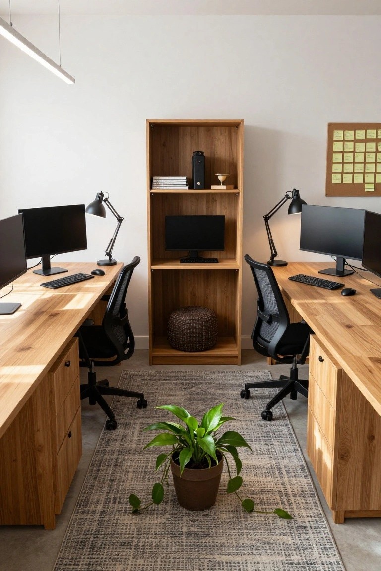 Two light wooden desks positioned back-to-back in a home office, each with a black monitor, keyboard, mouse, adjustable desk lamp, mesh office chair, wooden bookshelf between them, potted plant on a gray rug, and yellow notepad on the wall.