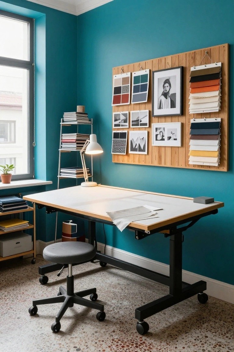 Home office interior with bright teal walls, wooden pegboard wall displaying fabric swatches photos and drawings, adjustable white drafting table, gray stool, and metal shelving units.