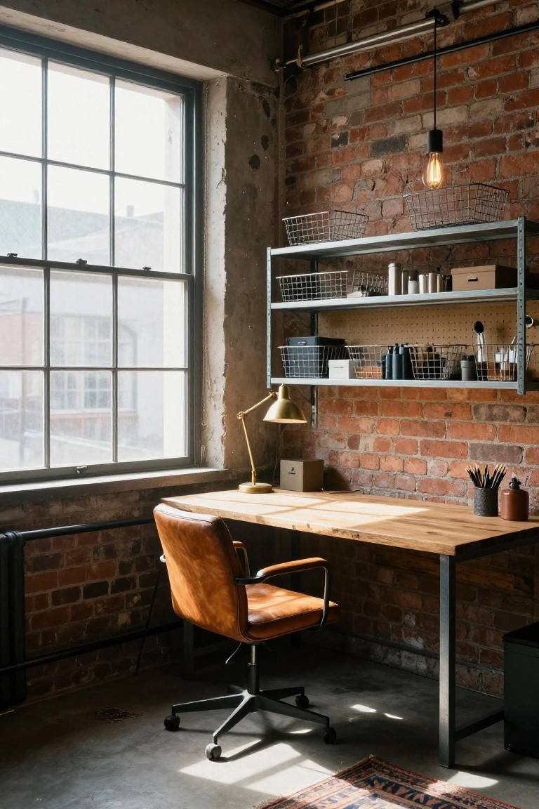 Home office in a room with exposed brick walls, wooden desk on metal legs, tan leather swivel chair, metal wall shelves with wire baskets and office supplies, desk lamp, large multi-pane window, and concrete floor with rug.