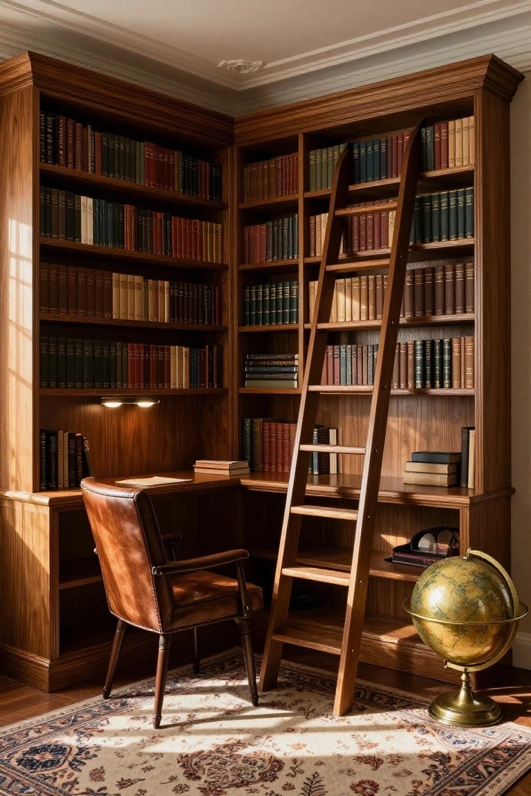 Wooden corner bookshelves with rolling ladder in a home office, featuring a desk, leather armchair, globe stand, and patterned rug on hardwood floor.