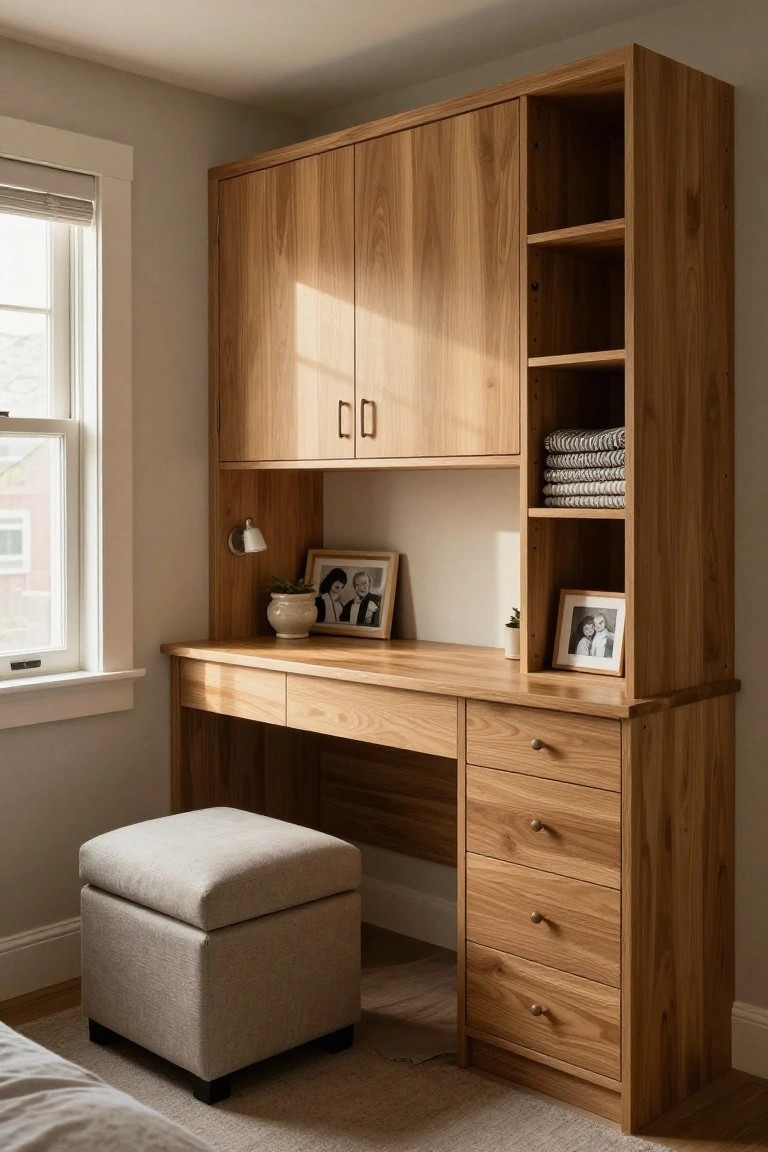 Wooden built-in office unit with desk, upper cabinets, open shelves, lower drawers, desk lamp, photos, plants, and ottoman stool in a light room by a window.