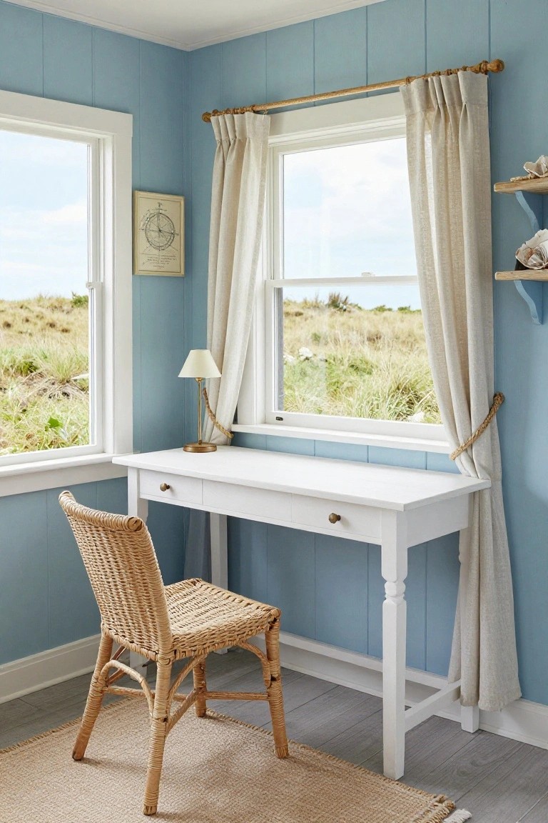 Pale blue shiplap walls in a corner home office with white wooden desk, rattan chair, brass lamp, linen curtains on double-hung windows overlooking dune grass and sky.