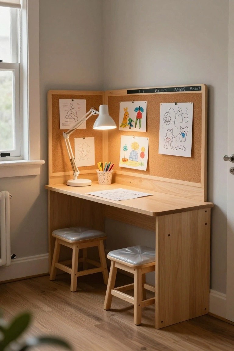 Wooden corner desk unit with corkboard and chalkboard panels, children's drawings pinned up, desk lamp, colored pencils in a basket, worksheets on the desk surface, and two cushioned stools in a light gray room with a window.