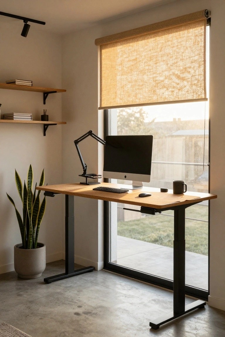 Height-adjustable wooden desk with iMac monitor, keyboard, mouse, lamp, snake plant in pot, floating wooden shelves with books, and large window with bamboo shade overlooking yard in a minimalist home office corner.
