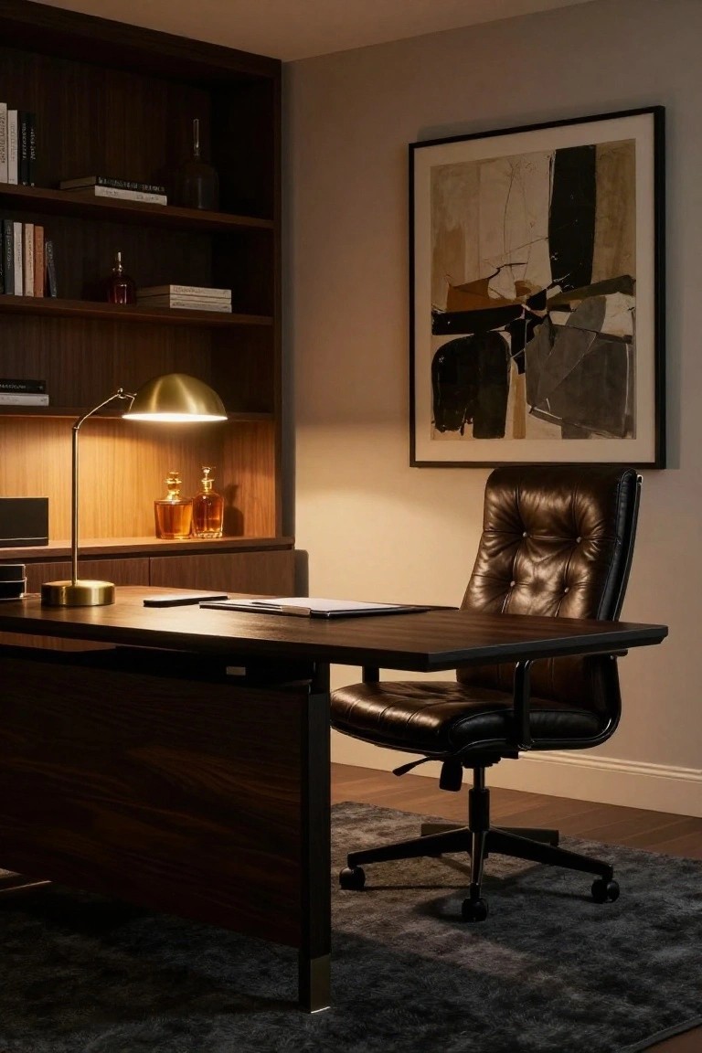 Home office with dark wood desk and integrated cabinets, brown tufted leather chair, brass arched desk lamp, bookshelves holding books and liquor bottles, and large abstract wall art.