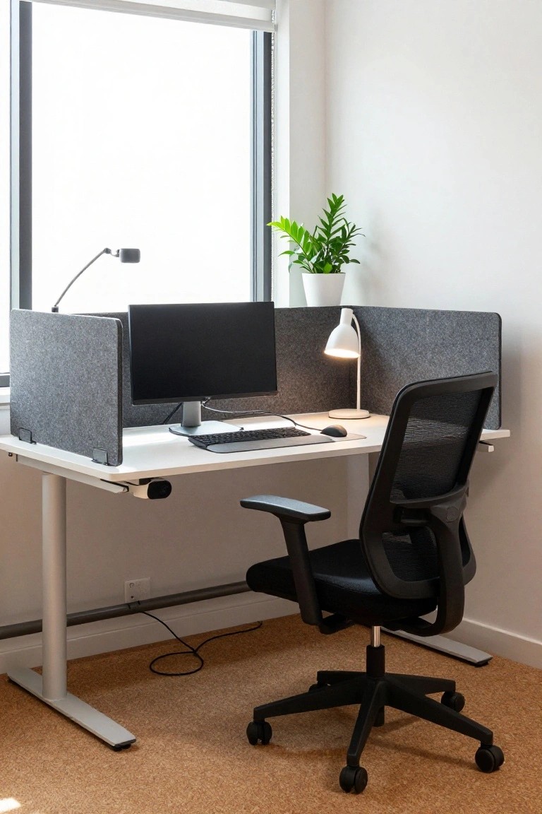 A modern home office with white standing desk, gray felt privacy screens on both sides, black mesh chair, computer monitor, keyboard, desk lamp, adjustable arm lamp, potted plant, and large window.