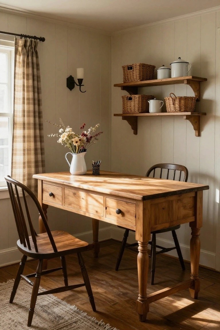 Sunlit corner room with wooden desk, two ladderback chairs, white jug of flowers and pens on desk, wicker baskets and enamelware on wooden wall shelves, plaid curtains on window, beige board-and-batten walls, and wood floor with rug.