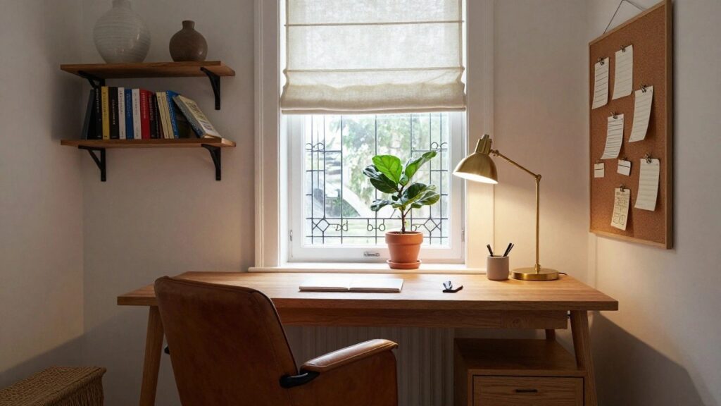 Home office with light oak desk and tan leather swivel chair, brass arc lamp on desk, matching wood shelf above desk holding books, ceramic vases, and potted fiddle leaf fig plant, beside corkboard and window with sheer blinds.