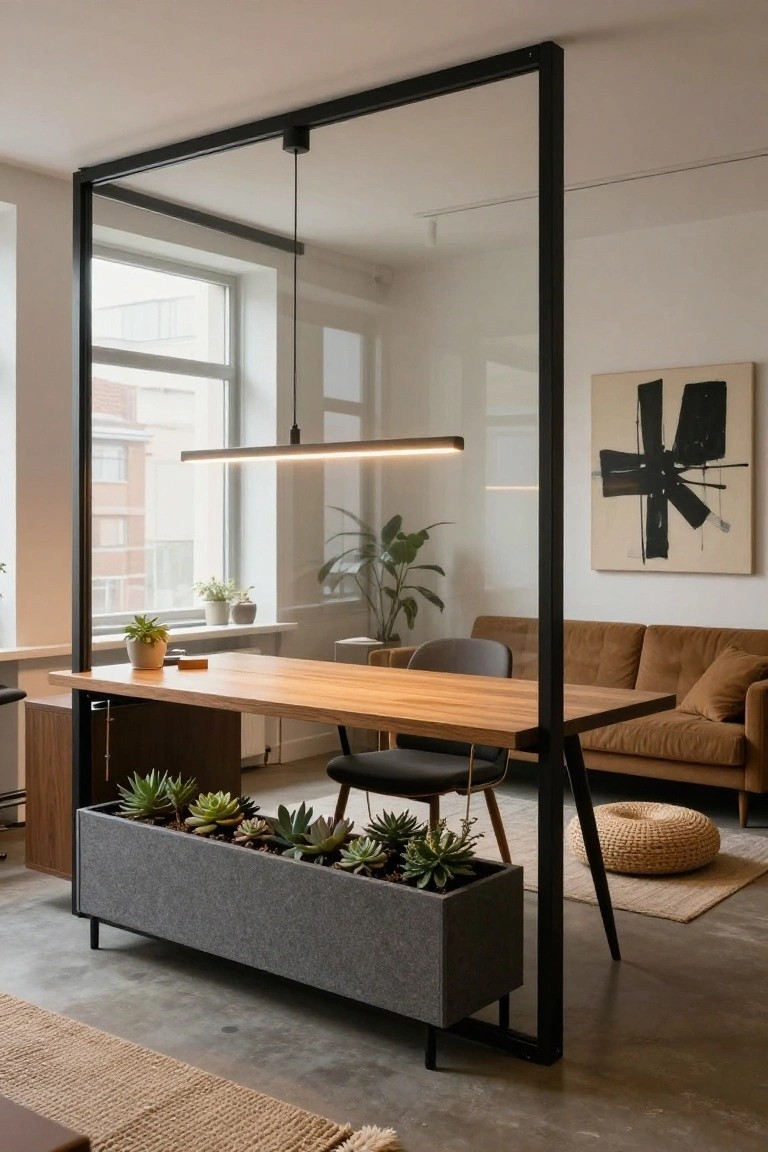 Modern home office behind a tall black-framed glass partition with wooden desk, built-in gray planter of succulents, chair, and adjacent tan sofa in a light-filled room with concrete floor.