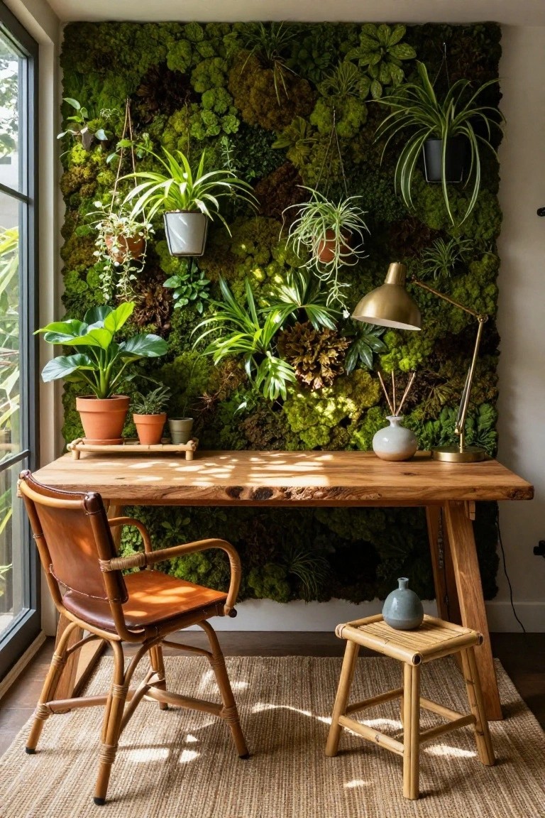Home office with a large vertical moss and plant wall behind a wooden desk, leather armchair, potted plants on shelves, gold desk lamp, and bamboo stool on a seagrass rug.