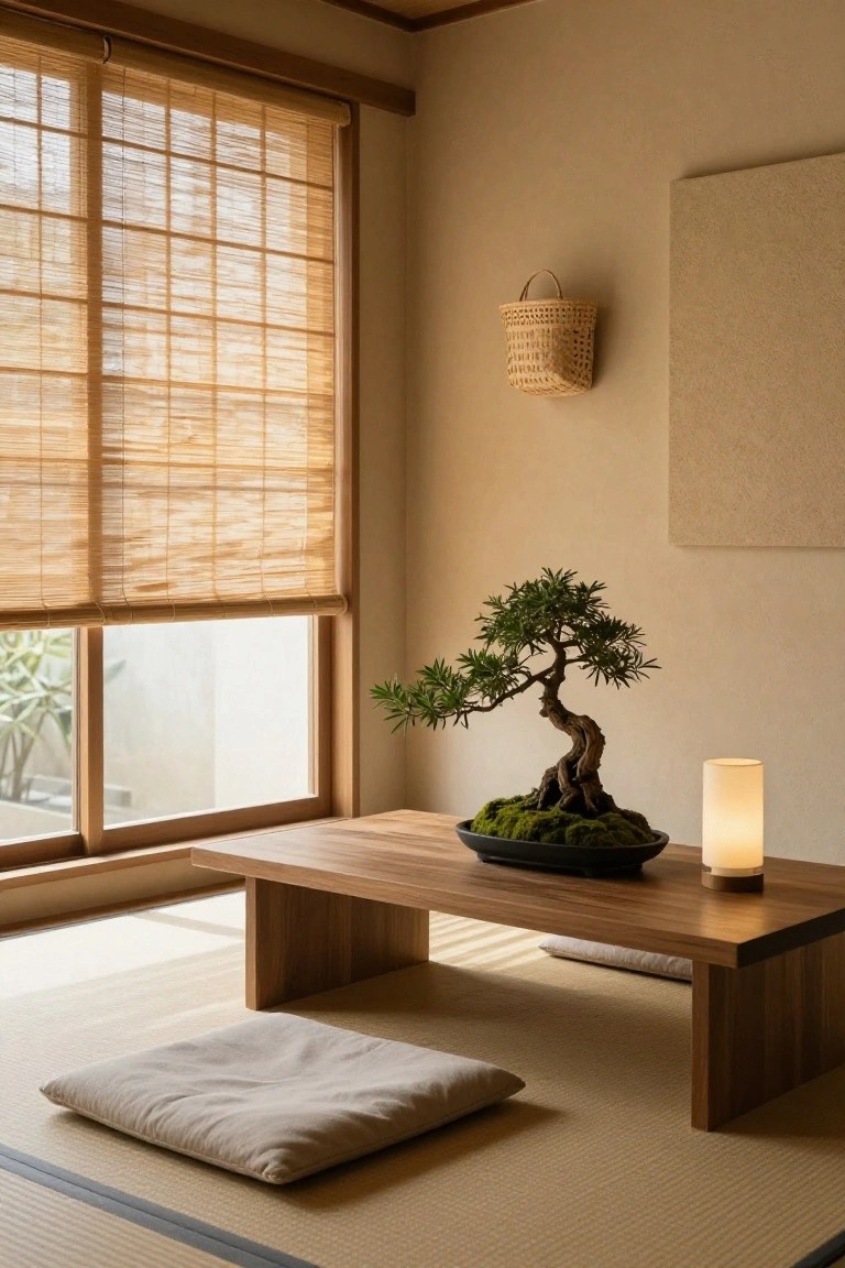 Japanese-style interior room with tatami floor mats, low wooden table holding a black pot with mossy bonsai tree and white lamp, shoji bamboo blinds on window, beige walls, woven basket wall light, and white floor cushion.