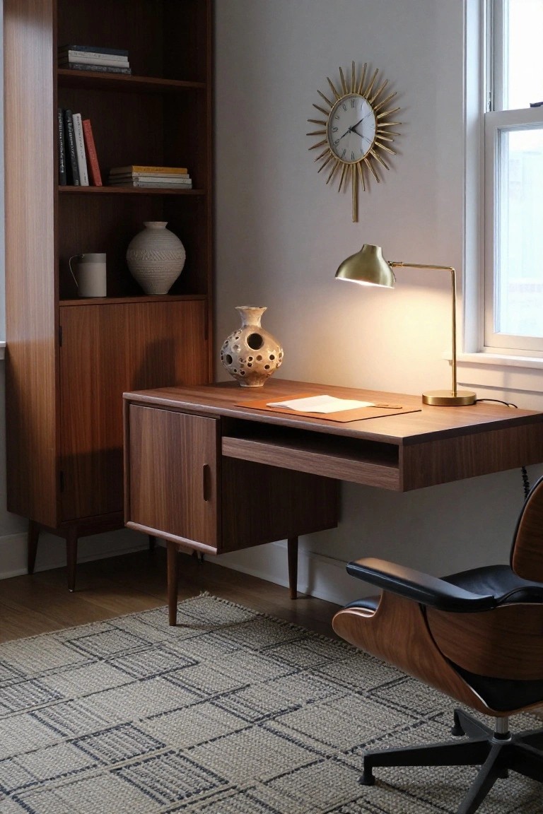 Home office featuring a walnut wood desk with storage drawers, black leather Eames-style chair, adjacent tall bookshelf with books and ceramics, gold desk lamp, sunburst wall clock, and textured rug on wood floor.