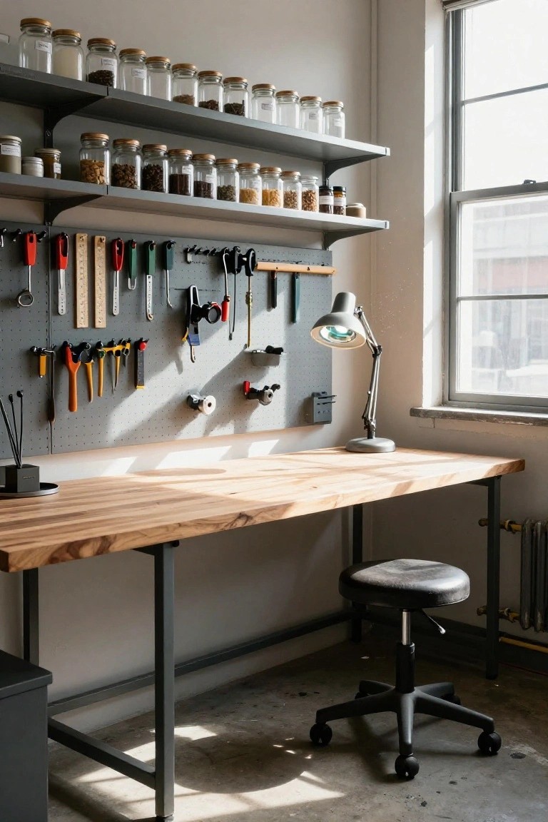 Wooden workbench with pegboard tools, glass jars, and desk lamp.