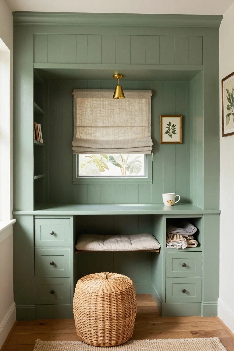 Sage green paneled built-in desk alcove with linen roman shade on window, gold pendant light, shelves holding books, drawers, cushioned bench seat, folded linens, wicker stool, and white mug on desk top.
