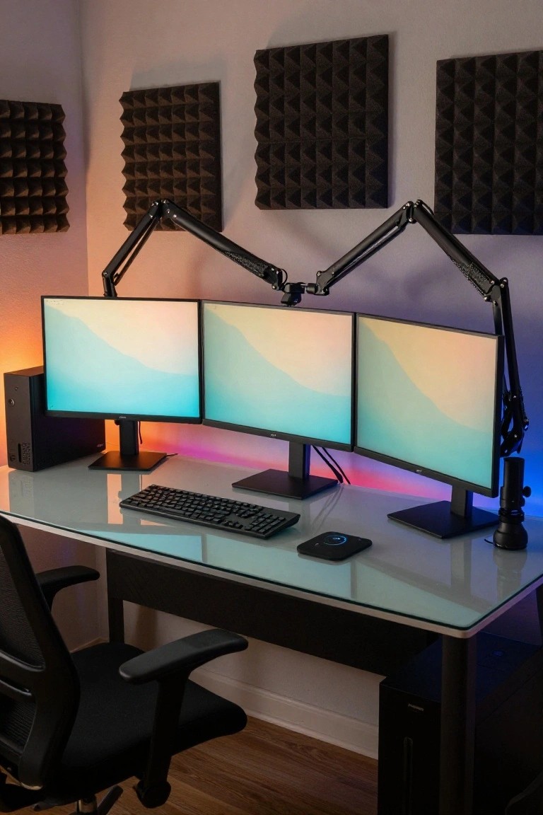 A home office desk setup with three monitors mounted on dual black adjustable arms, a PC tower beside, mechanical keyboard, trackpad, and black office chair in a room with black acoustic foam panels on walls.