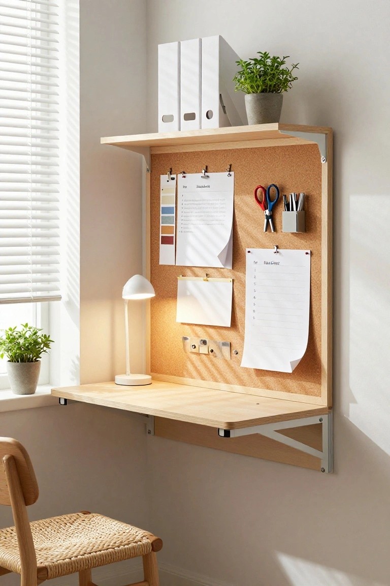 Wall-mounted wooden desk with integrated corkboard bulletin area, upper shelf holding white file boxes and a potted plant, desk lamp, scissors and pens on corkboard, small potted plant on desk, woven chair below, in a bright room with window blinds.
