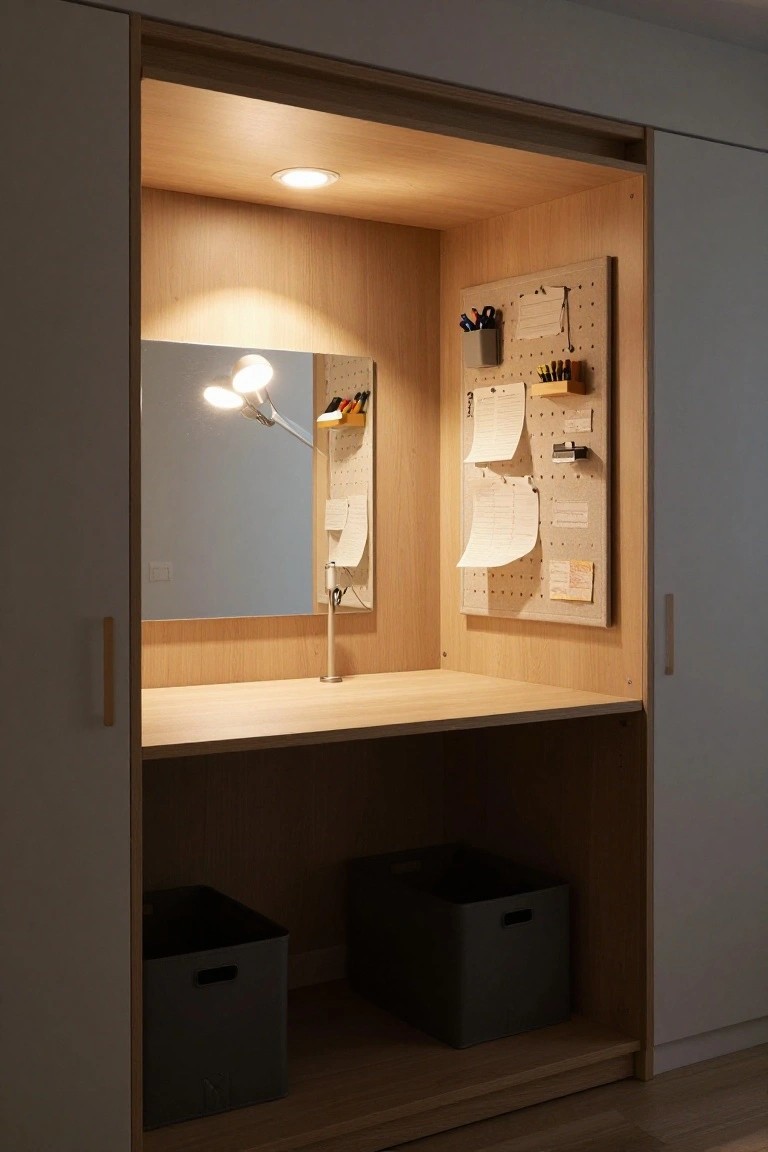Open light wood wardrobe with integrated desk surface, mirror, pegboard organizer holding pens papers trays and stamp, adjustable swing-arm lamp, and two fabric storage bins below the desk.
