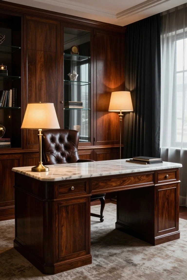 A home office featuring dark wood paneling on walls and cabinetry, a marble-topped wooden desk with brass lamp, tufted leather armchair, and glass-fronted bookshelves.