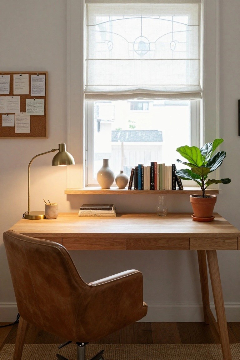 Home office with light oak desk and tan leather swivel chair, brass arc lamp on desk, matching wood shelf above desk holding books, ceramic vases, and potted fiddle leaf fig plant, beside corkboard and window with sheer blinds.