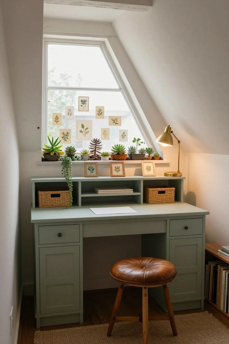 Sage green desk with shelves and drawers in an attic room, topped with papers and baskets, under a triangular window sill lined with potted succulents, trailing plants, and botanical prints, with a brass lamp and leather stool nearby.
