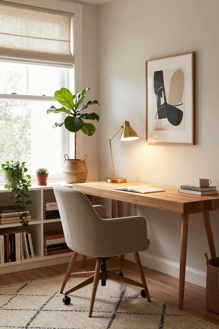 Light home office corner with wooden desk, gray swivel chair, open white bookshelves holding books and plants, large potted fiddle leaf fig plant, gold desk lamp, abstract framed art on wall, linen window shade, and woven basket on floor.