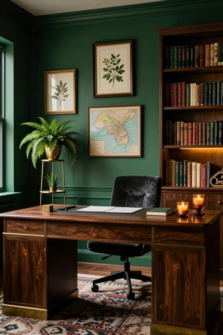 Emerald green-walled home office featuring wooden bookshelves with books, walnut desk with black velvet chair, tall fern on brass plant stand, botanical art on walls, map print, and lit candles on desk.
