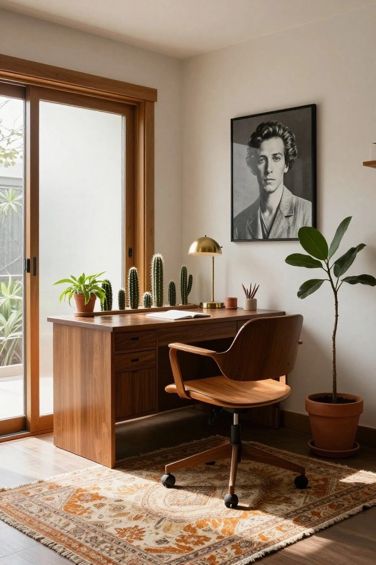 Wooden desk in a bright home office with a row of potted cacti on top, gold desk lamp, open notebook, swivel chair, potted plants nearby, and a black-and-white portrait on the wall next to sliding glass doors.