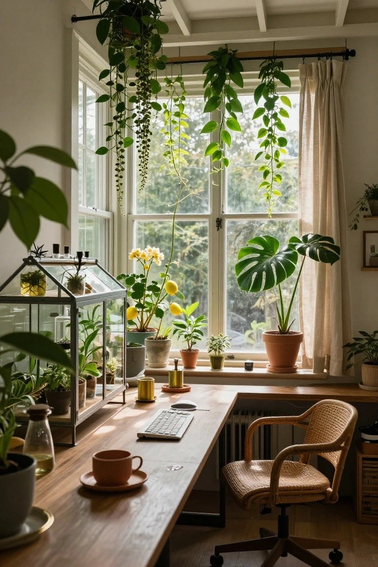 Wooden desk with keyboard and coffee cup in a plant-filled room, featuring hanging vines, monstera plant, glass terrarium, and large window with trees outside