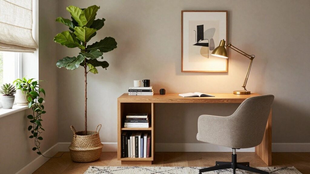 25 Home Office With Plants Ideas for Fresh Energy Light home office corner with wooden desk, gray swivel chair, open white bookshelves holding books and plants, large potted fiddle leaf fig plant, gold desk lamp, abstract framed art on wall, linen window shade, and woven basket on floor.
