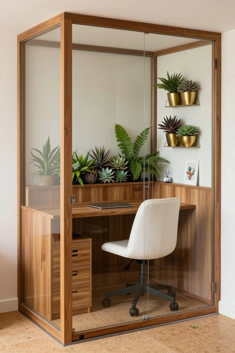 Wooden-framed glass enclosure used as a home office with a desk, white chair, wooden drawers, and various potted plants including ferns, succulents, and spiky varieties on shelves and walls.