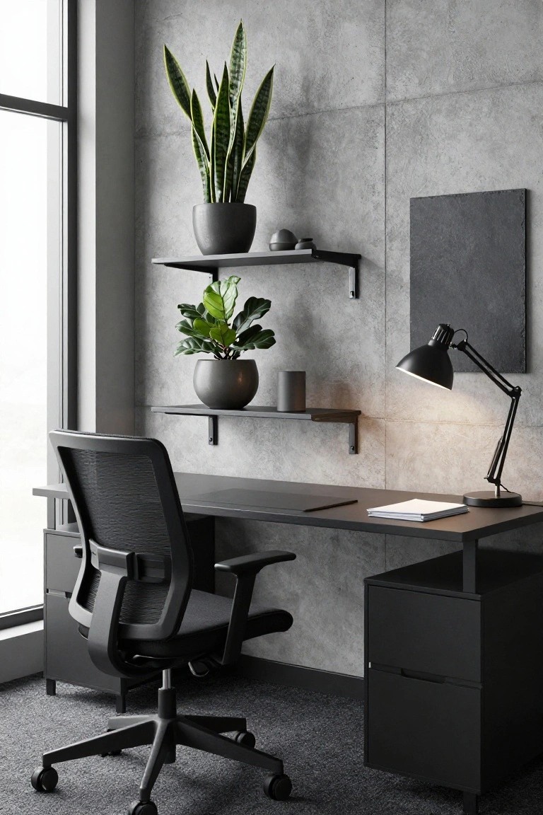 Modern home office featuring a black mesh office chair at a black desk, concrete block walls, floating black shelves with potted snake plant and fiddle leaf fig, desk lamp, and cabinets.