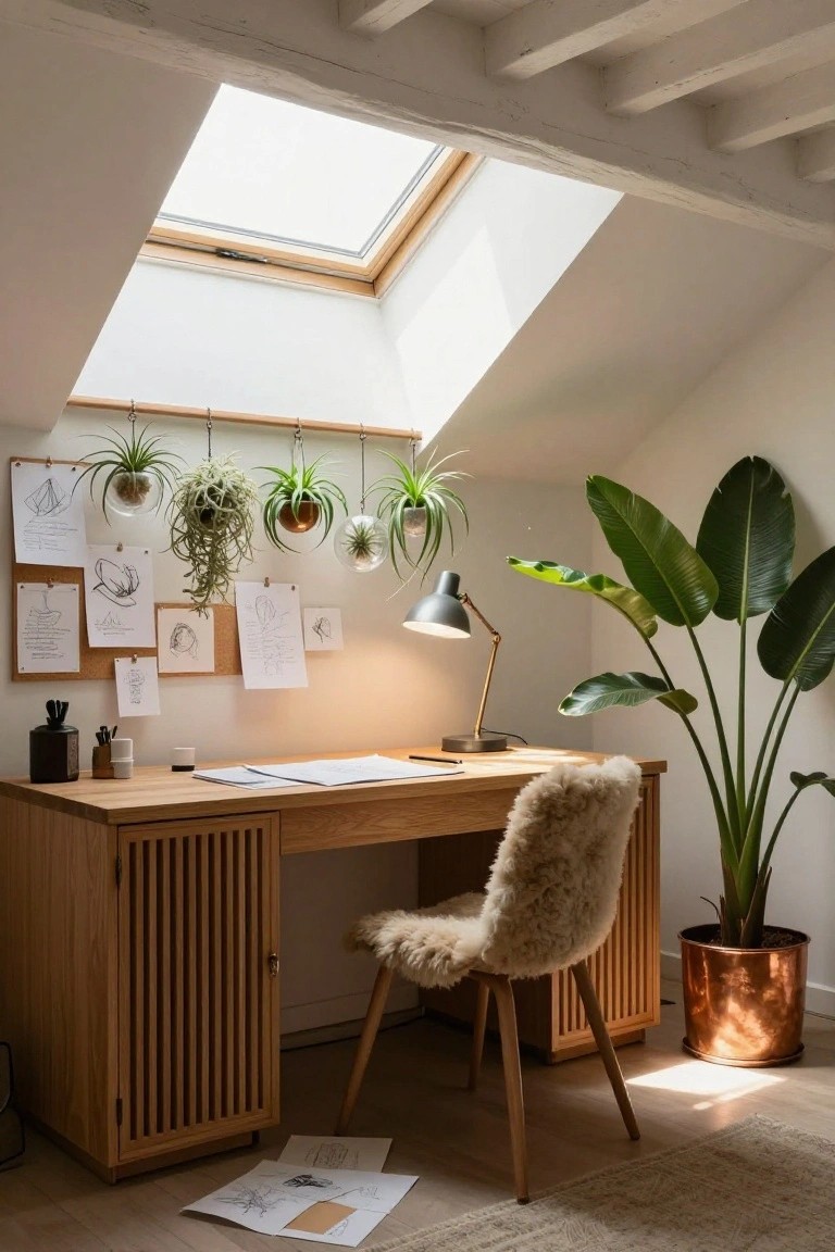 Attic home office featuring a wooden desk with lamp and papers, sheepskin chair, multiple hanging plants in glass orbs from ceiling beams, large potted banana plant in copper pot, corkboard with sketches, and skylight overhead.