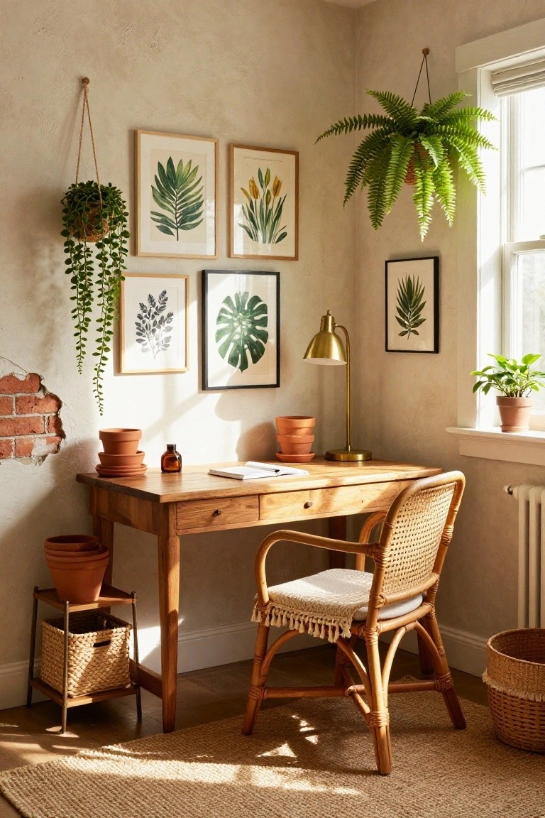 Home office corner with wooden desk, rattan chair with white cushion, multiple hanging plants including trailing vines and ferns, botanical leaf and stem prints in wood and black frames on beige walls, terracotta pots on shelf and floor, gold desk lamp, exposed brick accent wall, and window light.