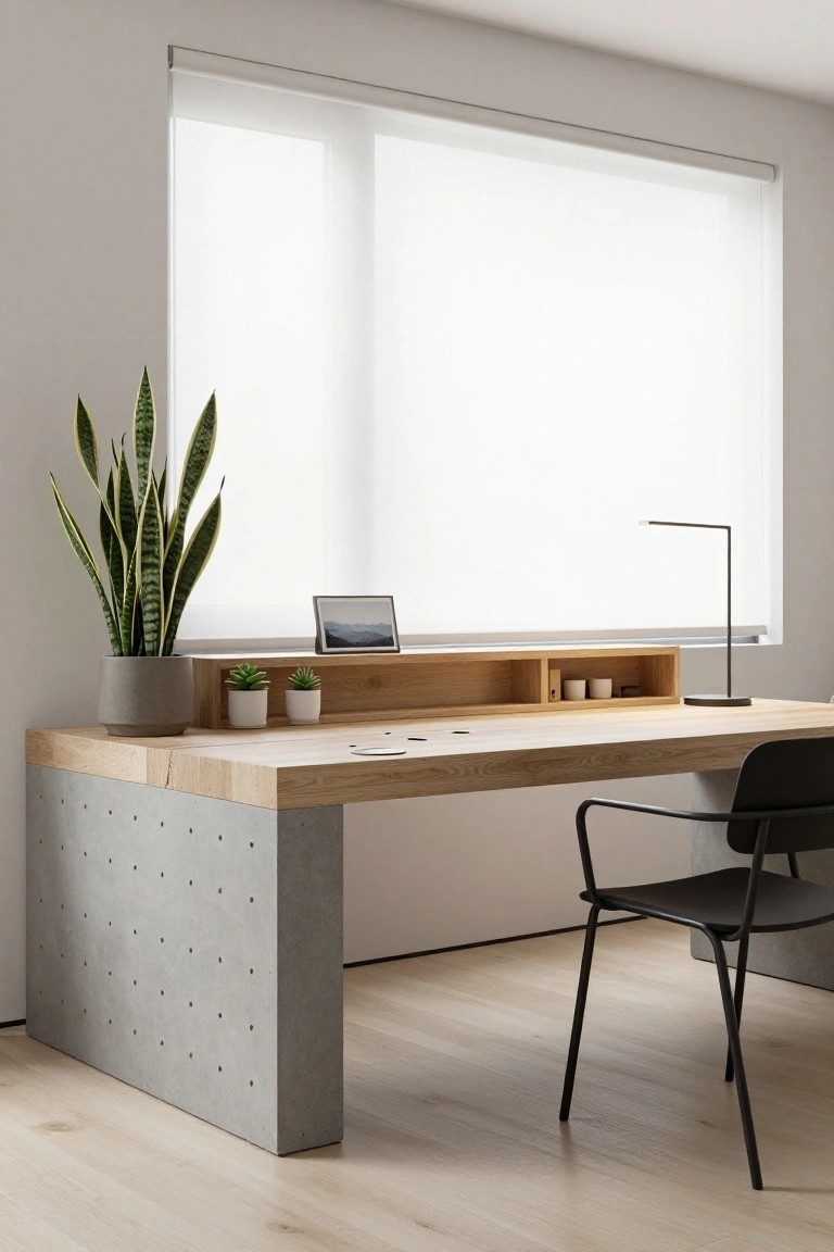 Modern home office with a wooden-top desk on concrete base, built-in wooden shelf above holding small potted plants and cups, tall snake plant in gray pot next to desk, black chair, desk lamp, laptop, and large window with white blinds.