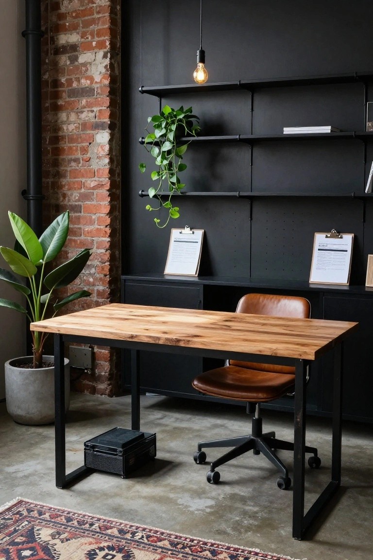 Home office with exposed brick wall, black metal desk topped with oak wood, tan leather chair, tall potted plants on either side, hanging pothos on black shelves, and pendant light.