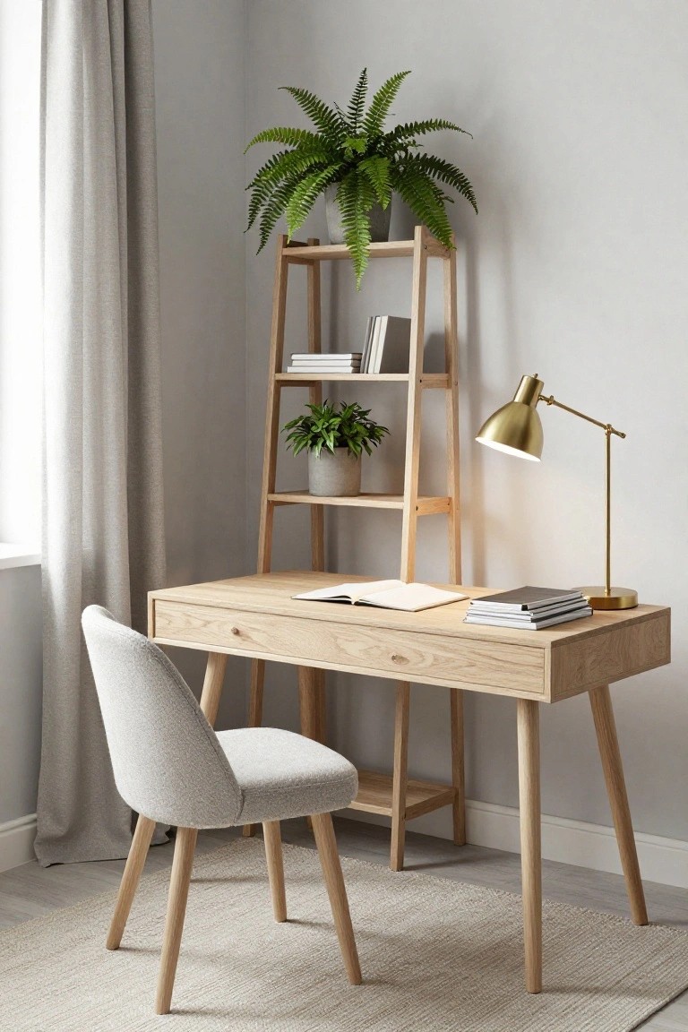 Light oak desk with drawer and open books, gray fabric chair, gold adjustable lamp, and matching tall ladder shelf holding stacked books, large potted fern, smaller plant, and ceramic pot in a beige room with sheer curtains and wood floor.