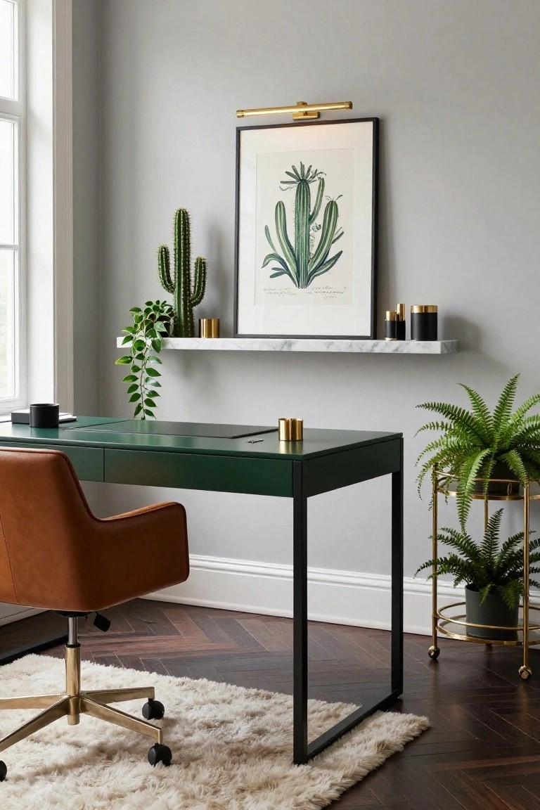 Modern home office with emerald green desk, tan leather chair, white floating wall shelf with gold containers, small plants, and potted cactus next to a framed green cactus illustration under gold wall light, trailing plant on shelf, black mug on desk, gold plant trolley holding fern plant, gray walls, herringbone wood floor, and cream rug.