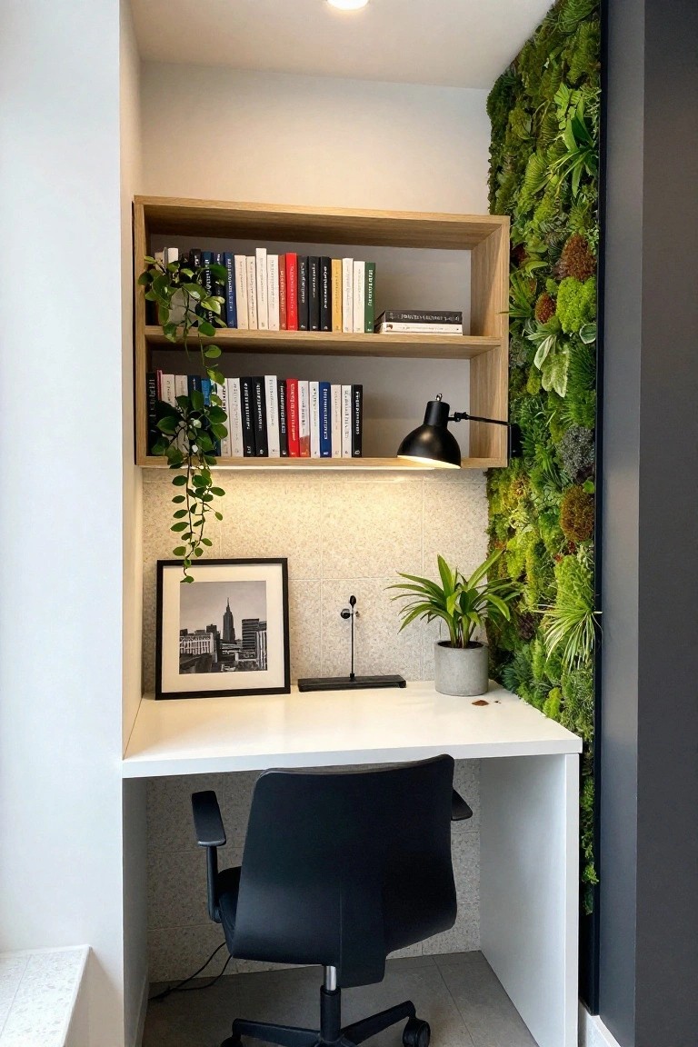Small built-in home office with white desk, black office chair, oak bookshelves with books and plants, desk lamp, potted plants, framed black-and-white city photo, and tall living green wall of moss and greenery on one side.