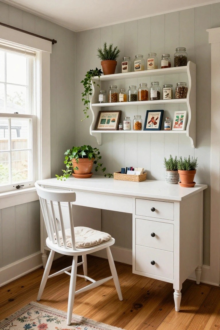 Light gray paneled home office corner with white desk and chair, open white wall shelves above the desk holding glass jars of spices and herbs, small frames, and plants, plus potted rosemary and ivy plants nearby.