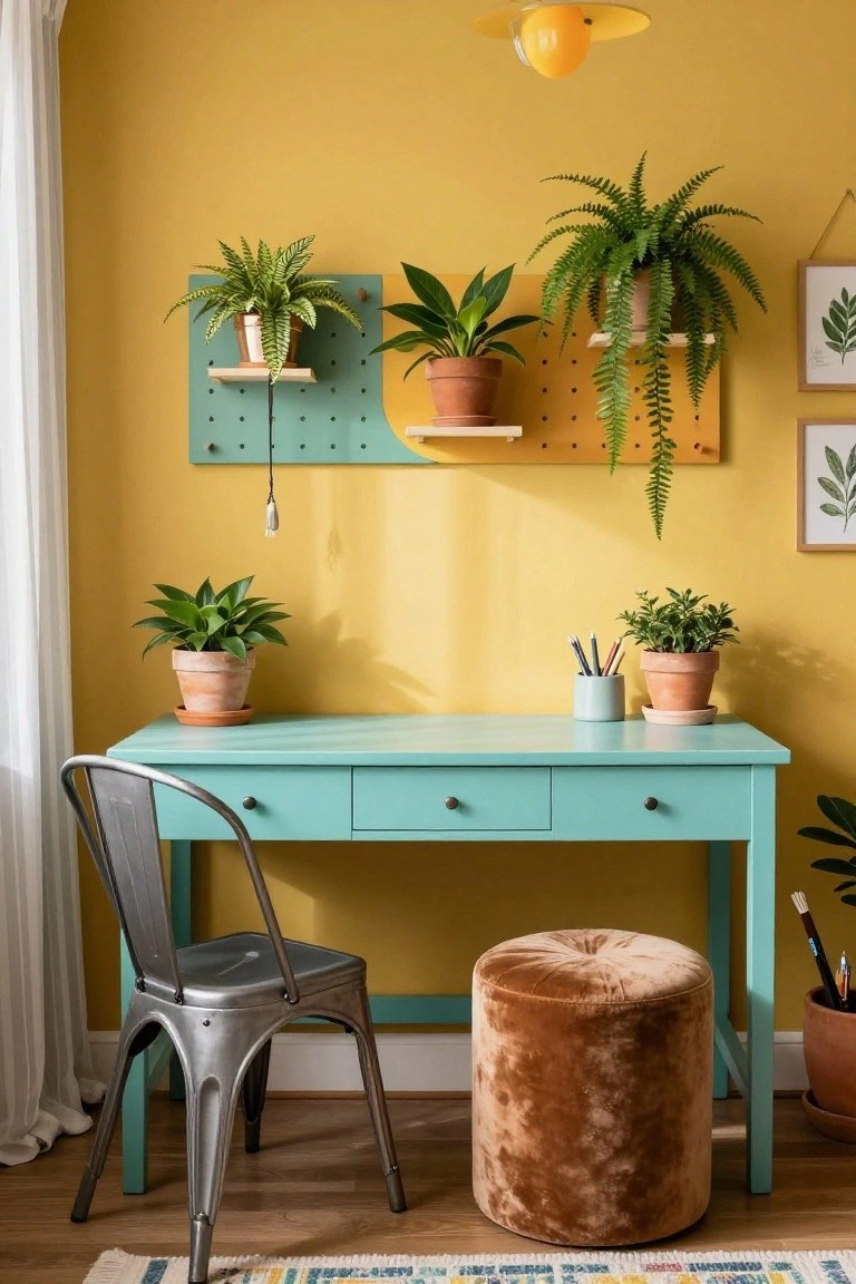 Home office with yellow walls, teal desk, metal chair, velvet pouf stool, pegboard wall holding multiple potted and hanging plants, desk plants, and pendant light.