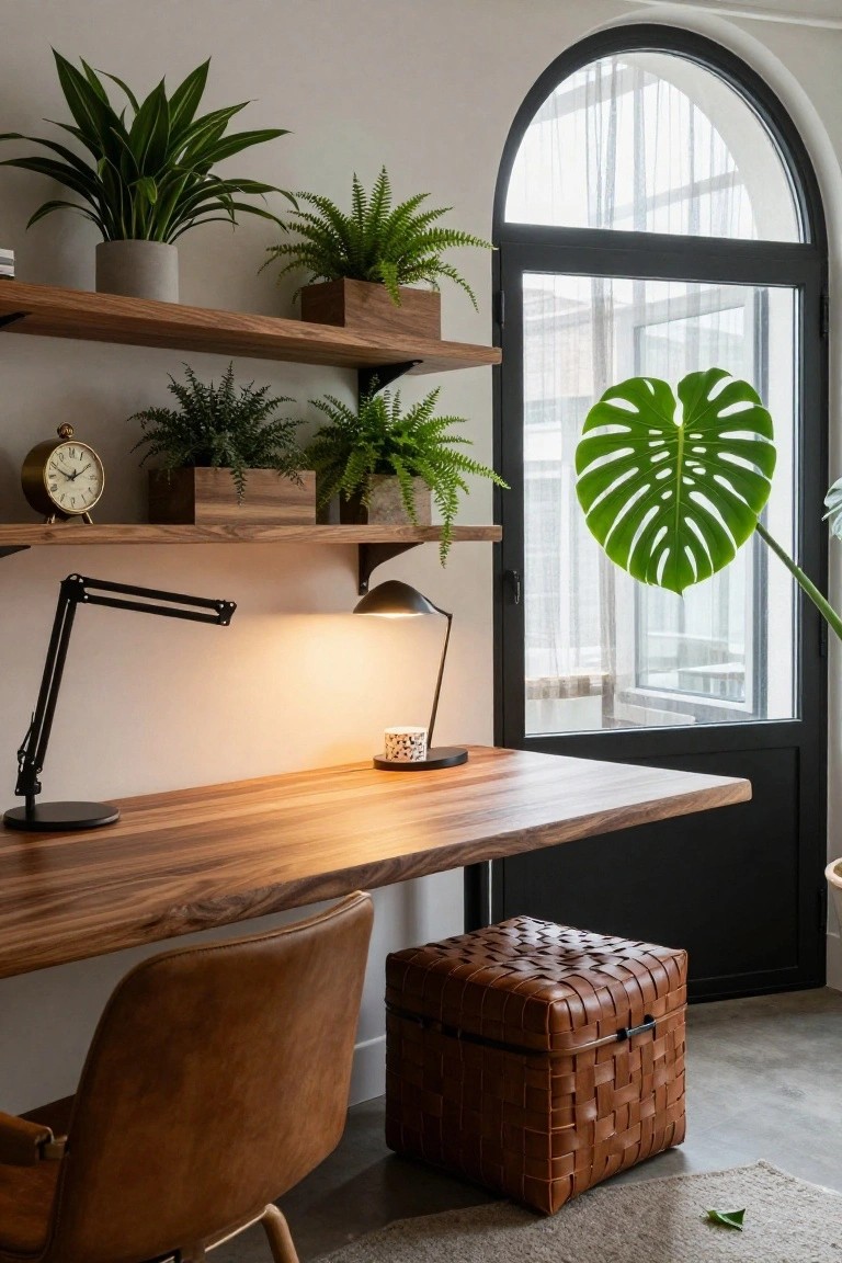 Home office featuring a wooden desk with desk lamp and mug, brown leather chair, woven storage stool, wooden floating shelves holding various potted plants, brass clock, and black door with arched window showing a large monstera leaf.