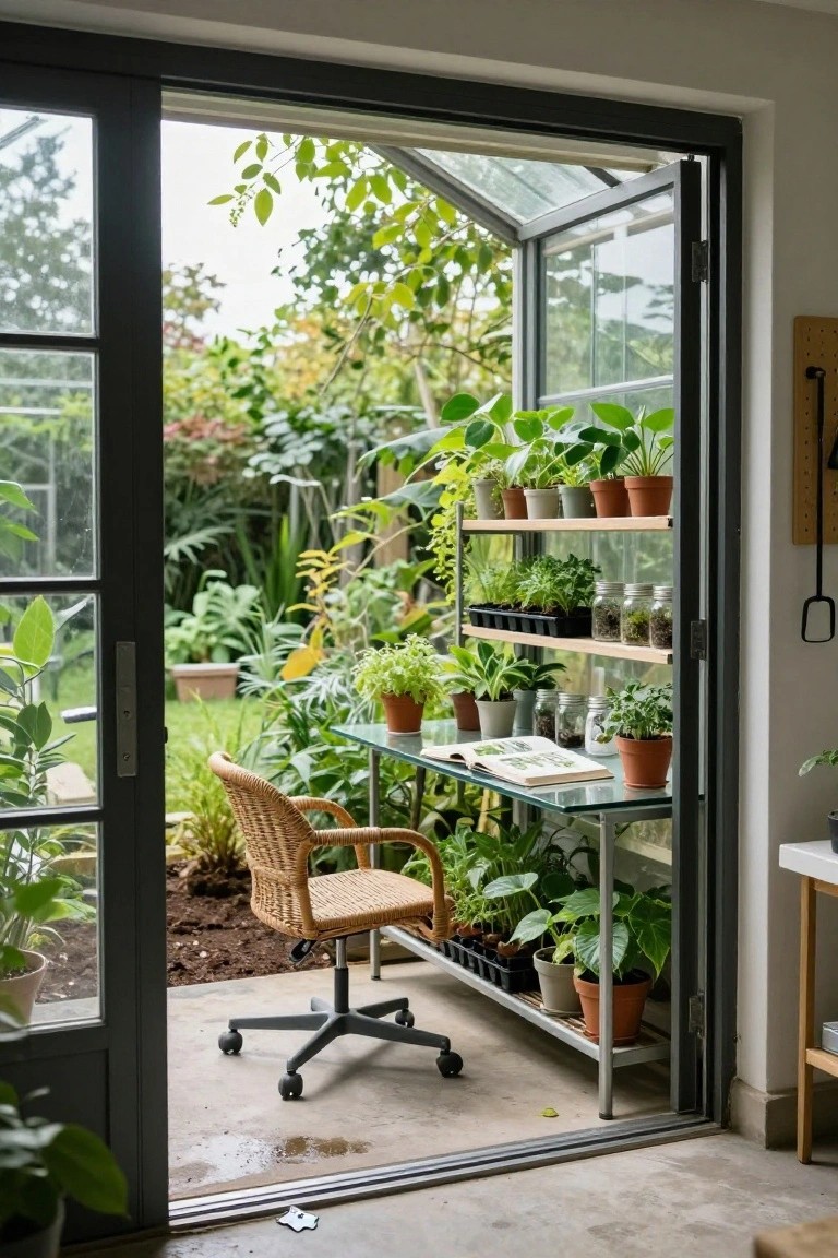 Home office corner with glass desk, rattan chair on wheels, tall shelves holding numerous potted plants and trays, viewed through open black-framed sliding glass doors to a lush garden.