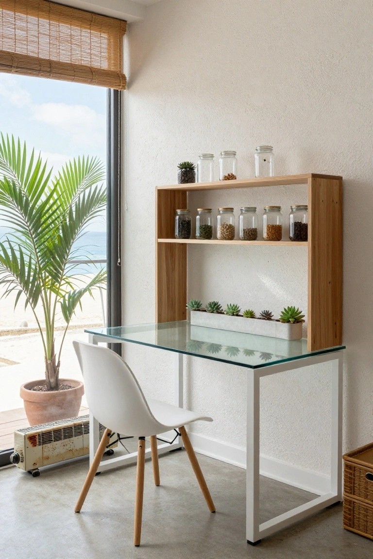 Home office featuring a glass-top desk with wooden open shelves above holding glass jars of seeds, grains, and spices plus small plants, a tray of succulents on the desk shelf, white molded chair, large potted palm by floor-to-ceiling window with bamboo blinds overlooking beach, and white walls.