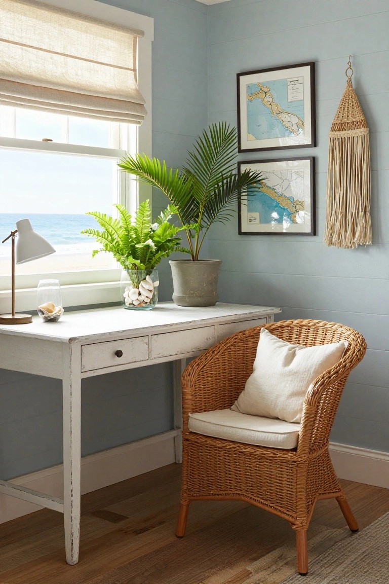 Pale blue shiplap-walled home office corner with white wooden desk holding seashells and glass vase of shells, potted fern nearby, tall potted palm plant, rattan armchair with white cushions, window showing ocean view, desk lamp, framed nautical maps, and macrame wall hanging.