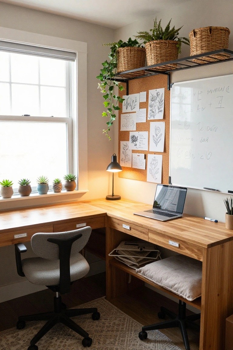 Corner home office featuring a wooden L-shaped desk with a laptop, gray office chair, row of succulents on the windowsill, potted plants on metal shelves above a corkboard and whiteboard.