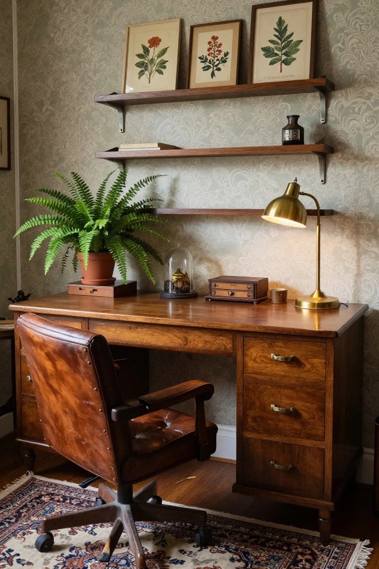 Home office with wooden desk, brown leather swivel chair, large potted fern in terracotta pot, wooden shelves holding books and vase, three botanical prints on wall, brass desk lamp, glass dome with specimen, wooden box, and patterned rug on wood floor.