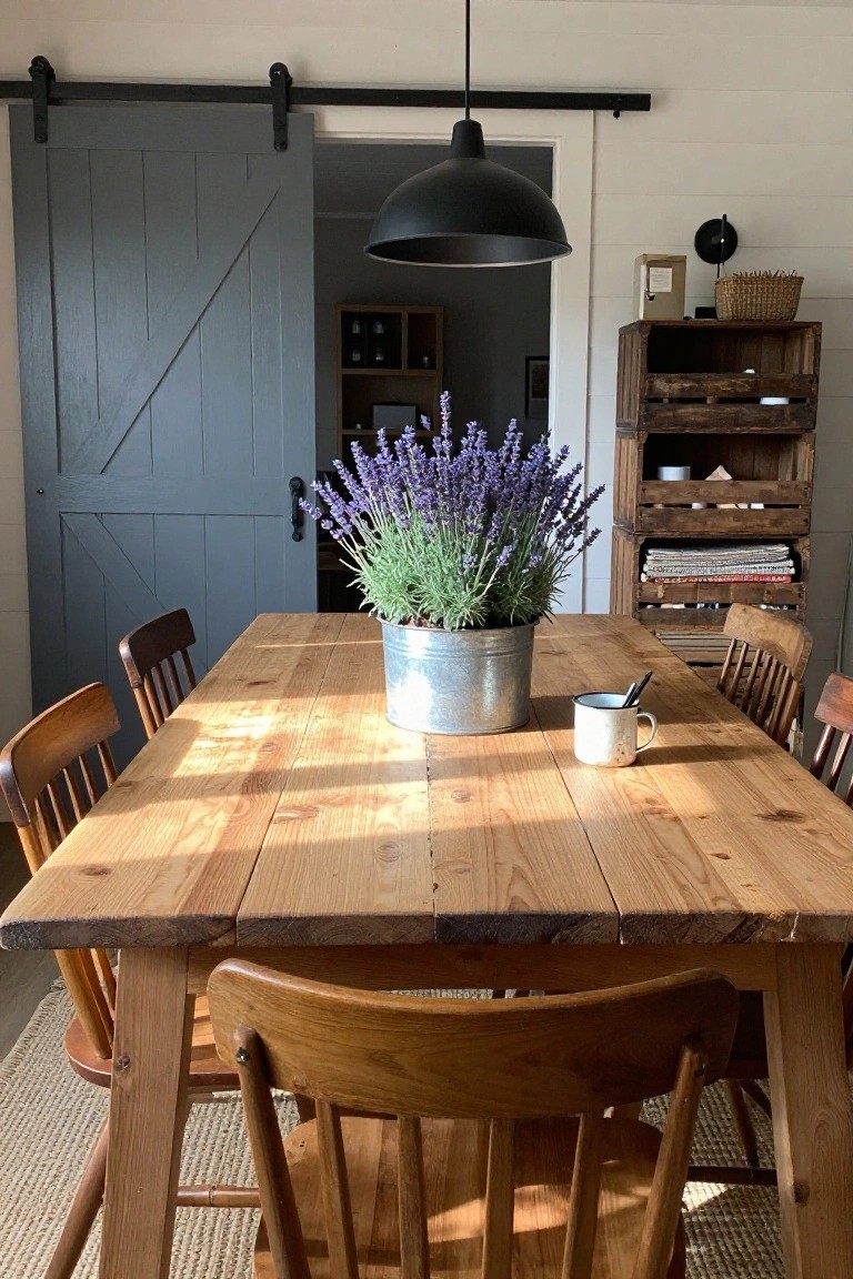 Sunlit dining room with gray barn-style sliding door, long rustic wooden table centered with purple lavender in galvanized bucket, white enamel mug with spoon, wooden chairs, and wooden crate shelves.