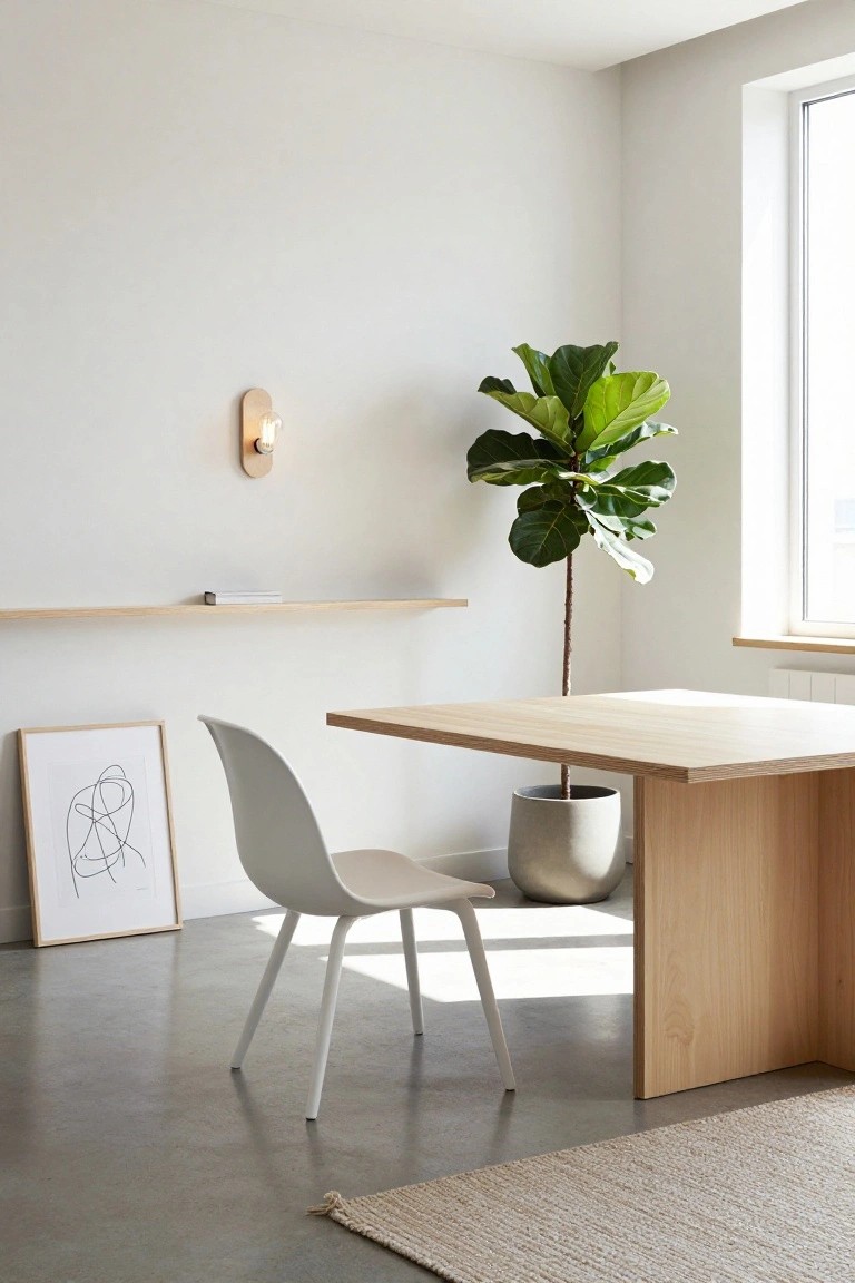 Minimalist home office corner with light wood cantilevered desk, white plastic chair, tall potted fiddle leaf fig plant in gray pot, wall shelf holding a book, framed abstract line drawing, wooden wall sconce with bulb, near a window with beige rug on concrete floor.