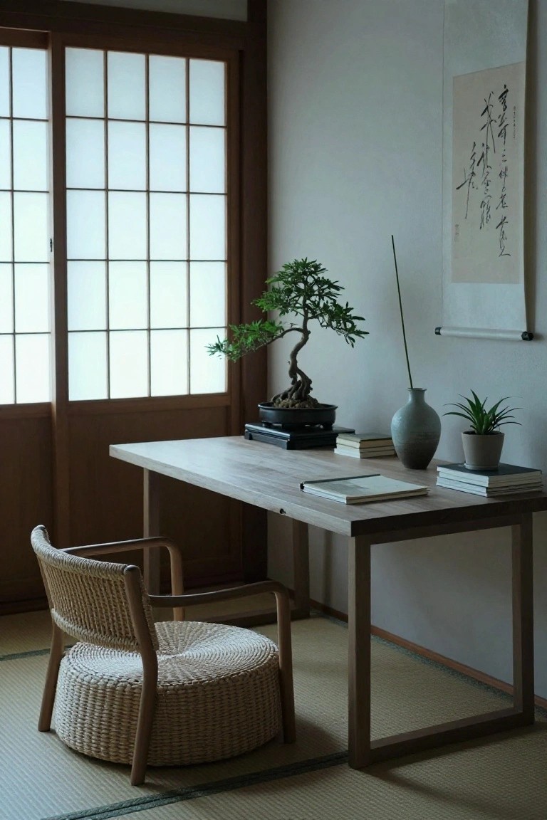 Minimalist wooden desk in Japanese-style room with tatami floor and shoji windows, topped with bonsai tree in black pot, gray vase, small potted plant, books, and notebook, rattan chair with pouf beside it.