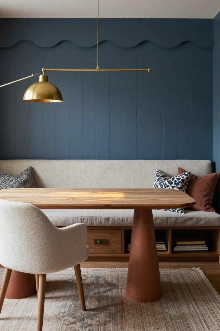 A living room office nook with a light upholstered banquette against a navy vertical-paneled wall, oval wooden table on terracotta pedestal base used as desk, cream bouclé armchair, gold arched lamp overhead, patterned rug on wood floor.
